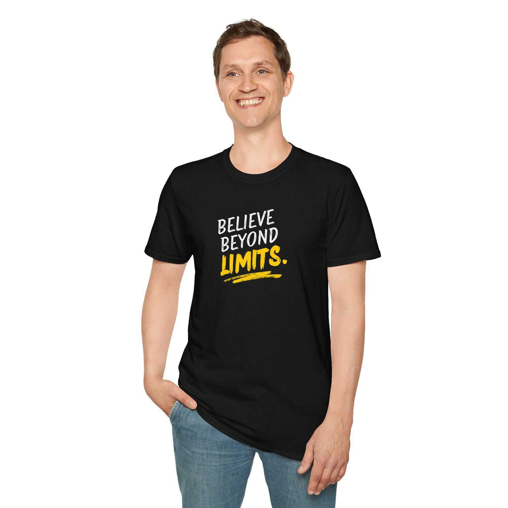 Black Faith Without Limits T-Shirt with motivational "Believe Beyond Limits" text, worn by smiling man in casual jeans