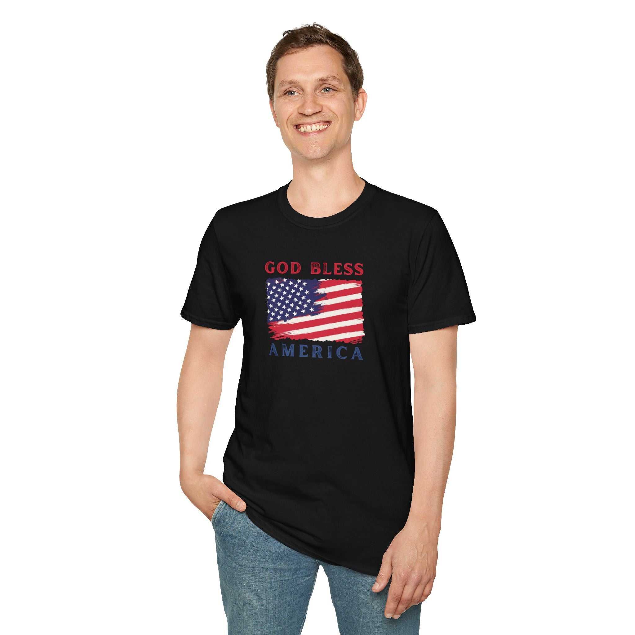Man wearing black God Bless America T-shirt with American flag
