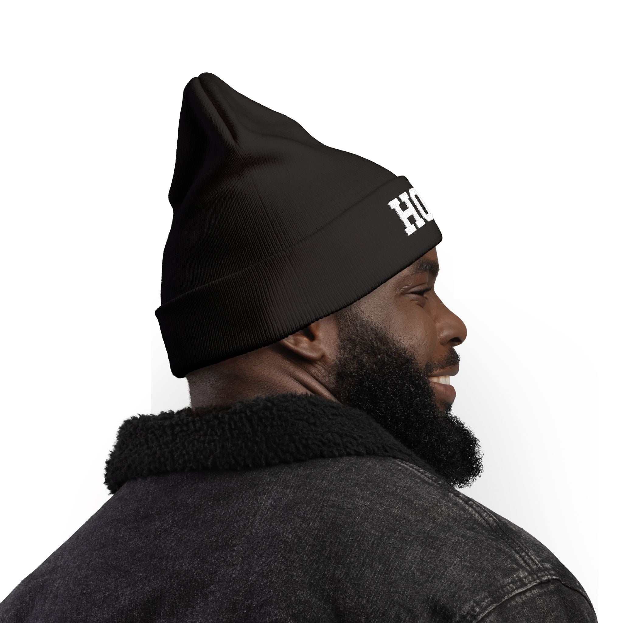 Man wearing black Hope Knit Beanie with custom embroidery