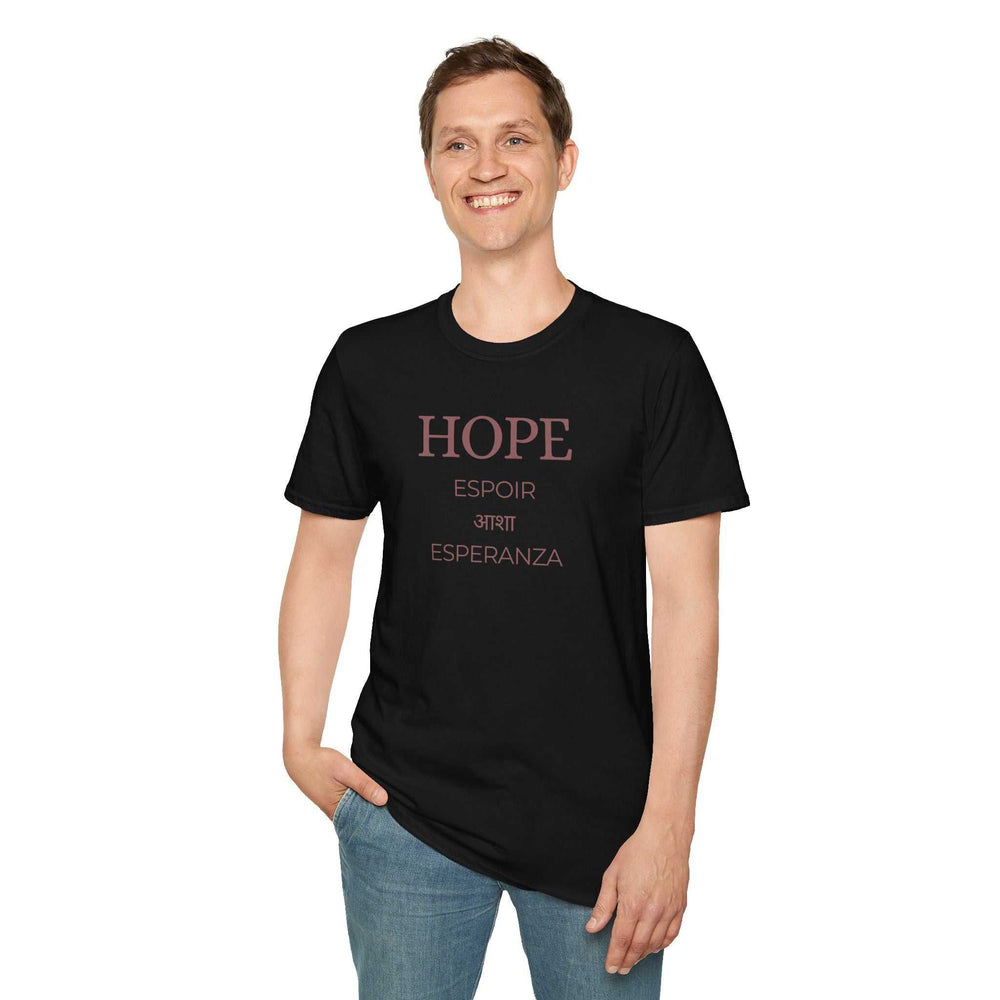 Black Hope T-Shirt with multilingual text, classic fit, worn by smiling man