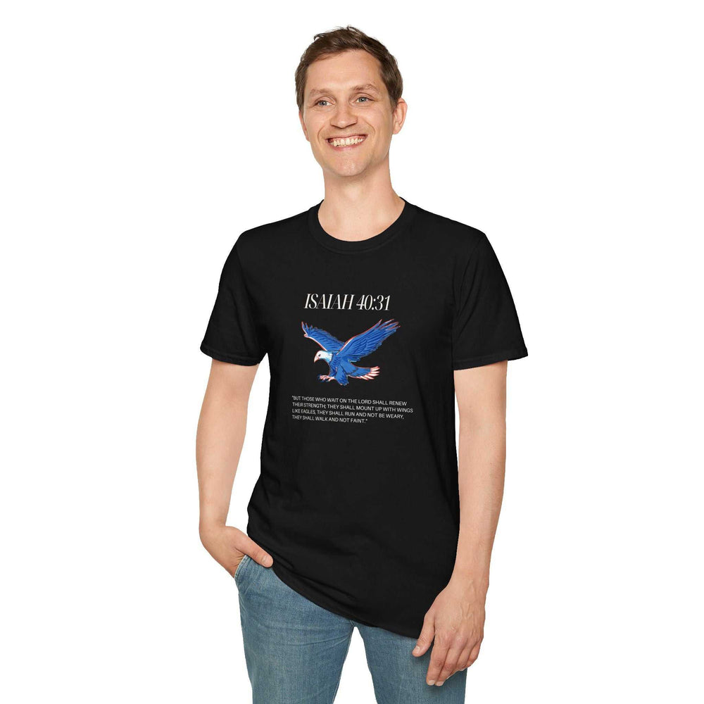 Man wearing black Isaiah 40:31 T-shirt with eagle graphic and scripture text