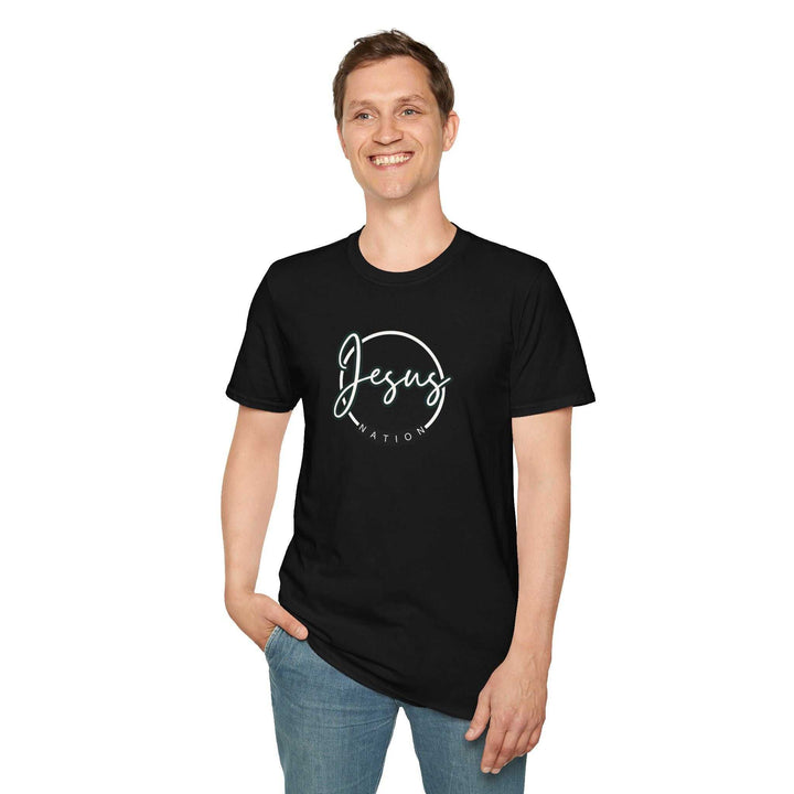 Man wearing black Jesus Nation t-shirt made of 100% cotton with classic fit and tear-away label.