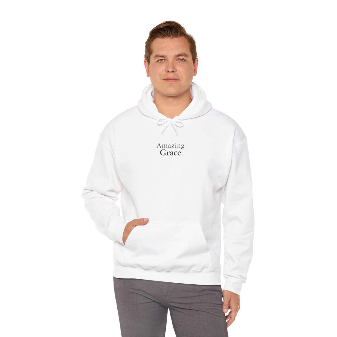 White Amazing Grace hoodie with classic fit worn by male model, featuring front pocket and drawstring hood