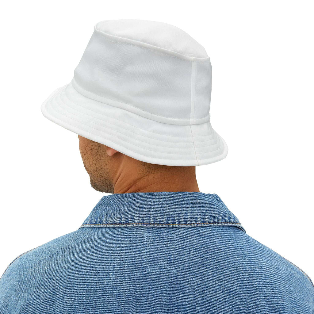 Man wearing white Blessed Bucket Hat and denim jacket, back view