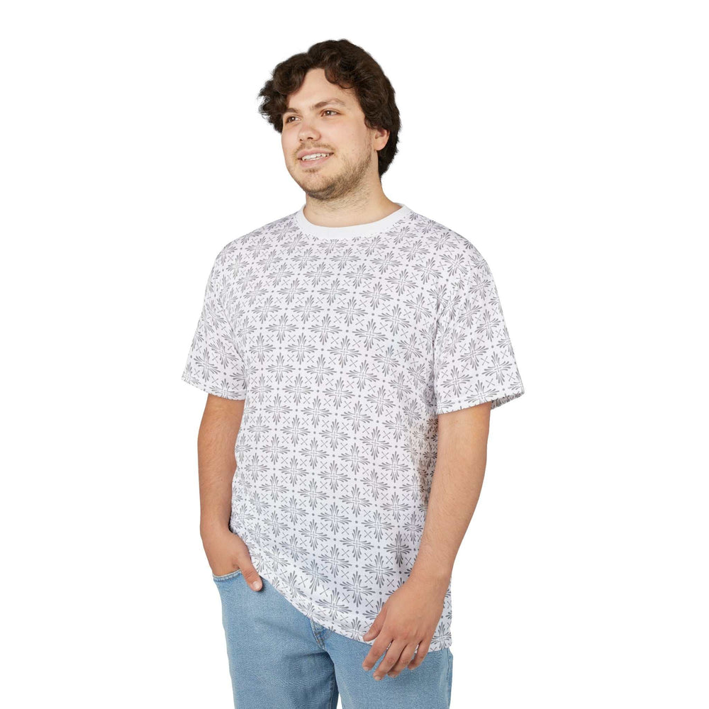 Man wearing white Christian Cross T-Shirt with subtle cross pattern