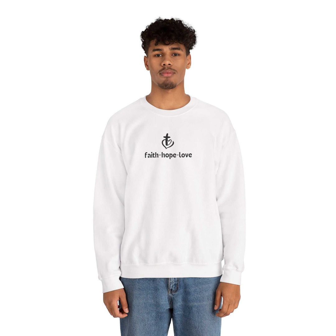 White Faith-Hope-Love sweatshirt in classic fit with black text and symbol, worn by male model