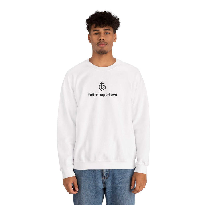 White Faith-Hope-Love sweatshirt in classic fit with black text and symbol, worn by male model