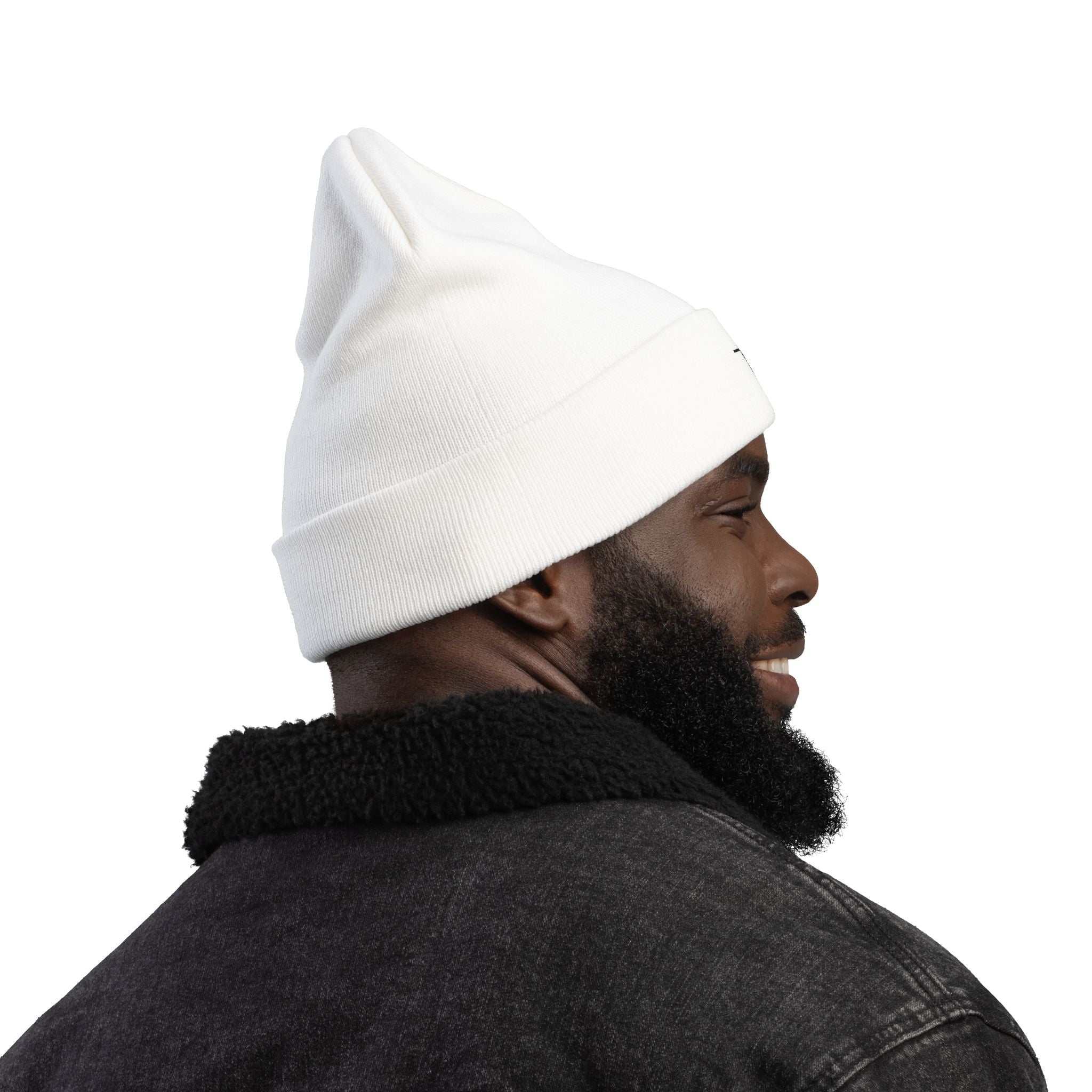 Man wearing white Faith Knit Beanie made of breathable cotton blend