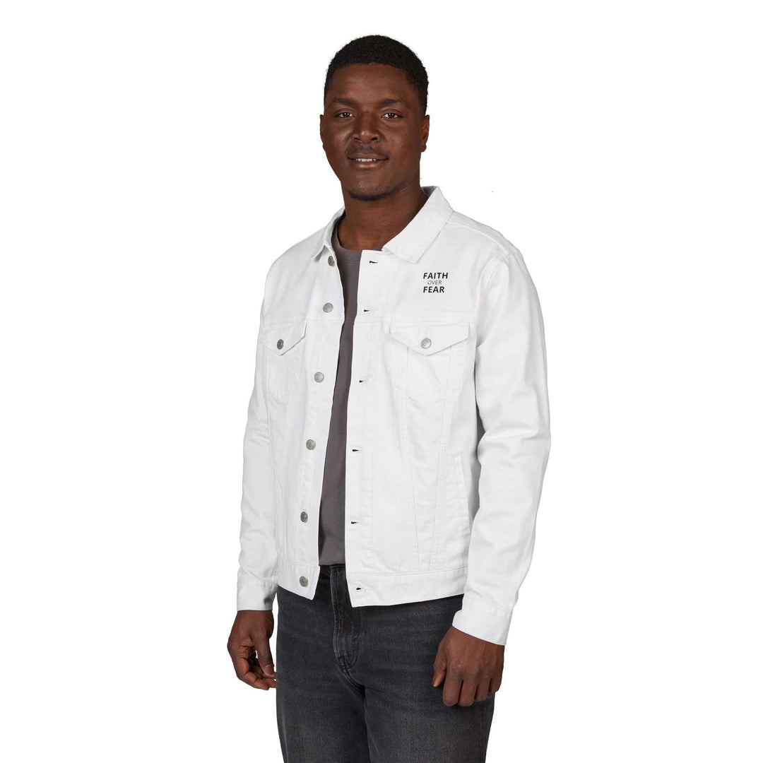 Man wearing white Faith Over Fear denim jacket with chest pockets and button closures