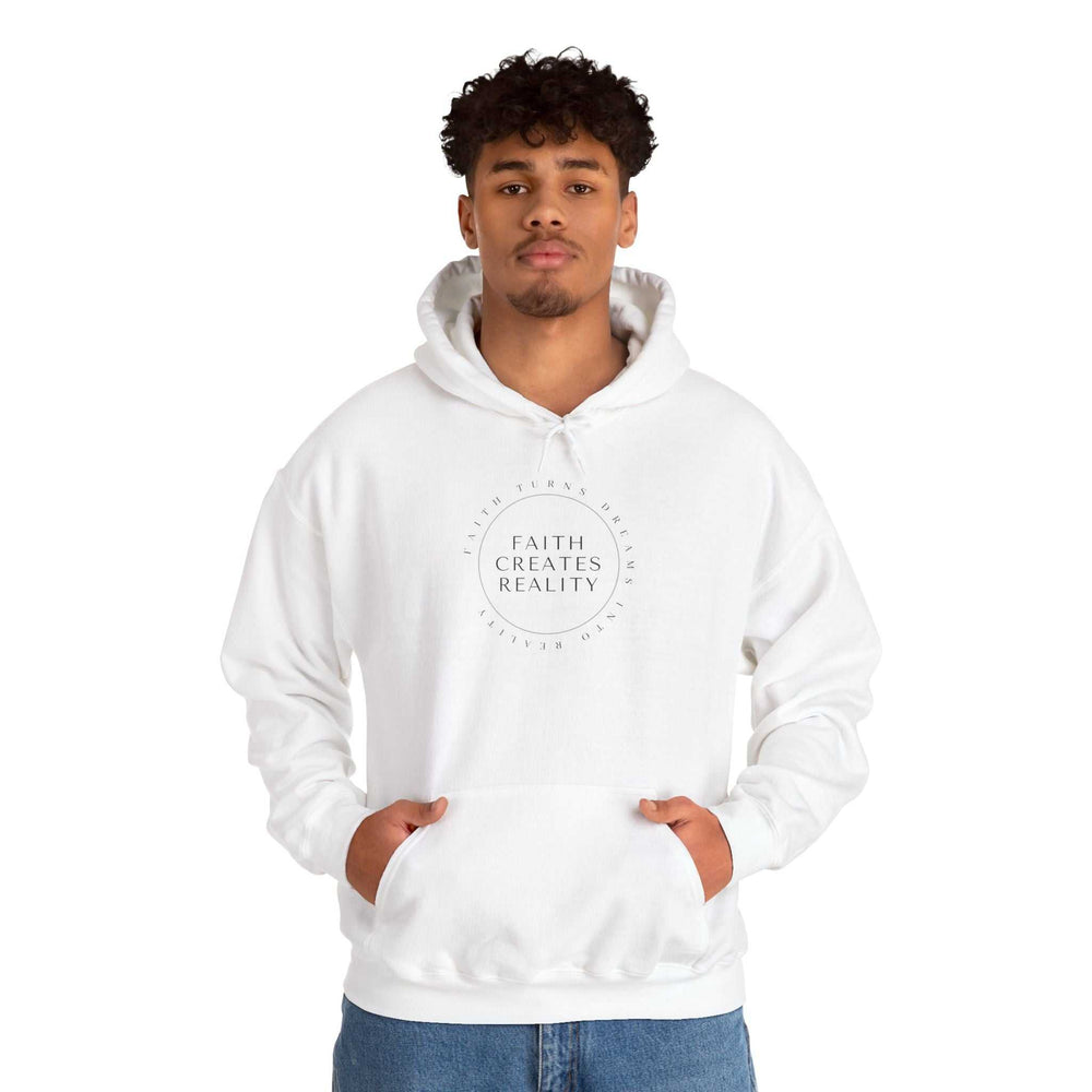 White Faith Power Hoodie with "Faith Creates Reality" text worn by a man, classic fit hoodie made of cotton and polyester blend.