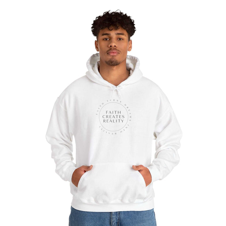 White Faith Power Hoodie with "Faith Creates Reality" text worn by a man, classic fit hoodie made of cotton and polyester blend.