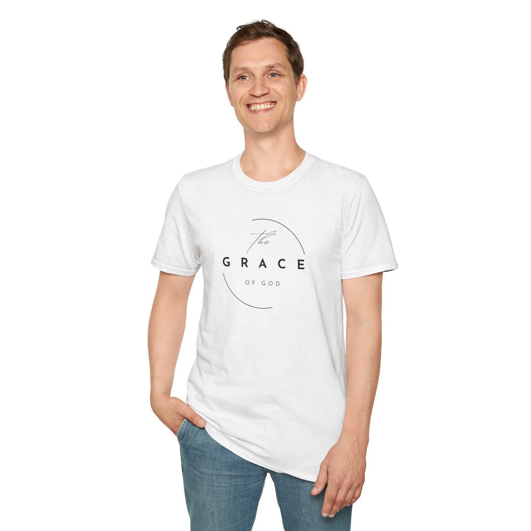 Man wearing white Grace of God T-Shirt