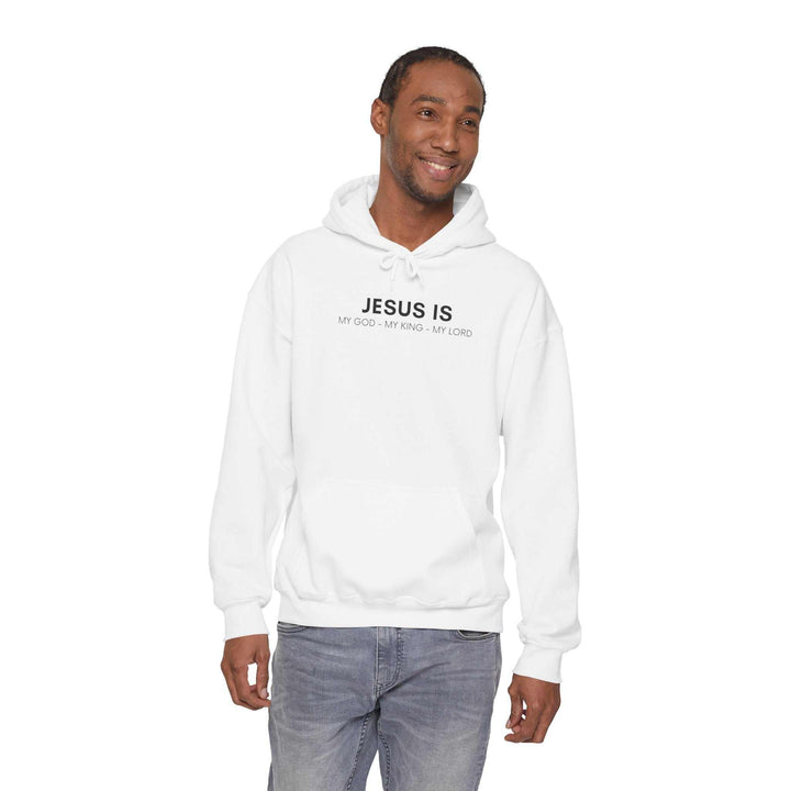 Man wearing white King Jesus Hoodie with front kangaroo pocket