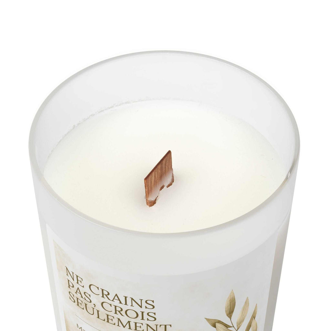 Mark 5:36 French verse candle in frosted glass with natural off-white coconut soy wax and wooden wick.