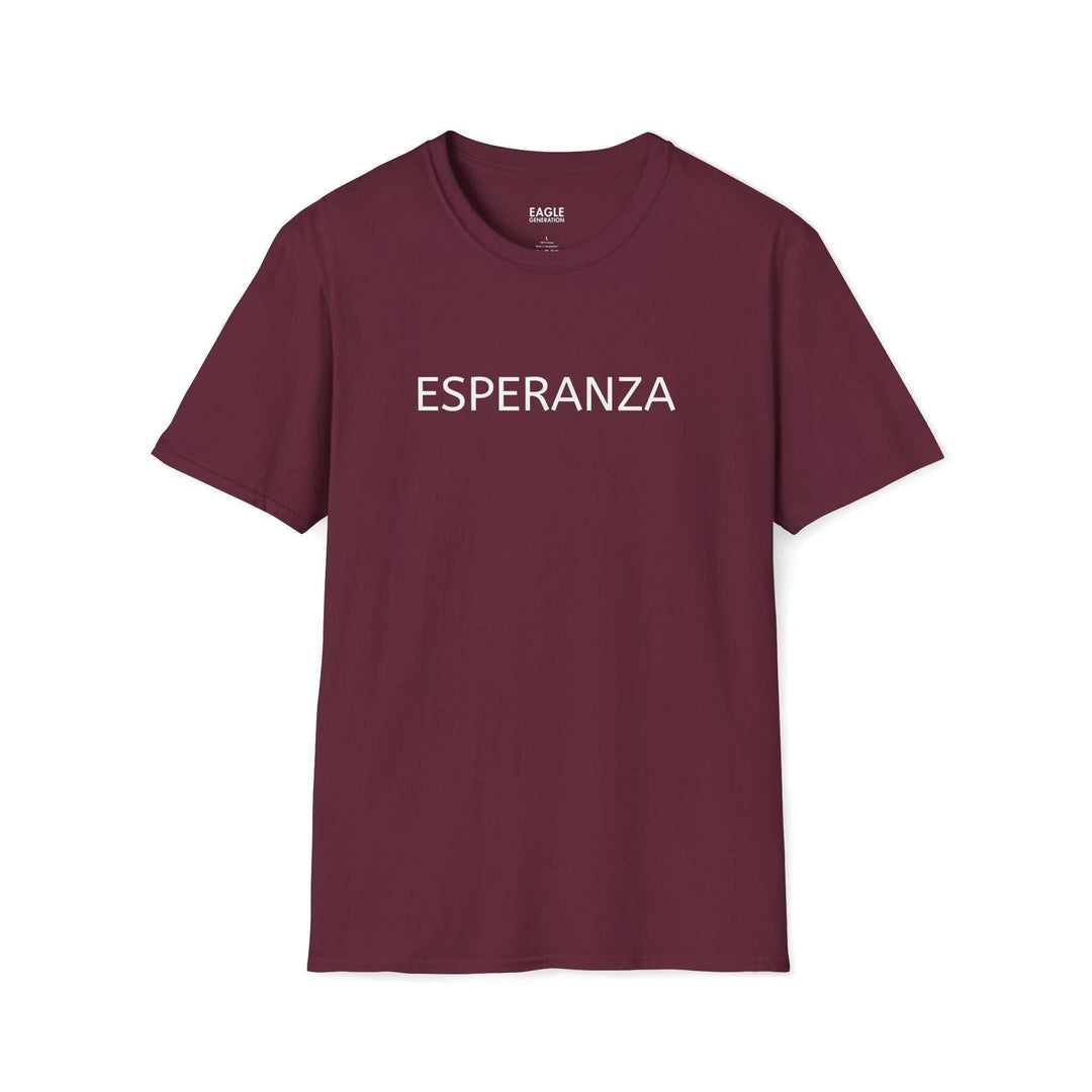Maroon Esperanza T-shirt with white text, classic fit, 100% ring-spun cotton, tear-away label.