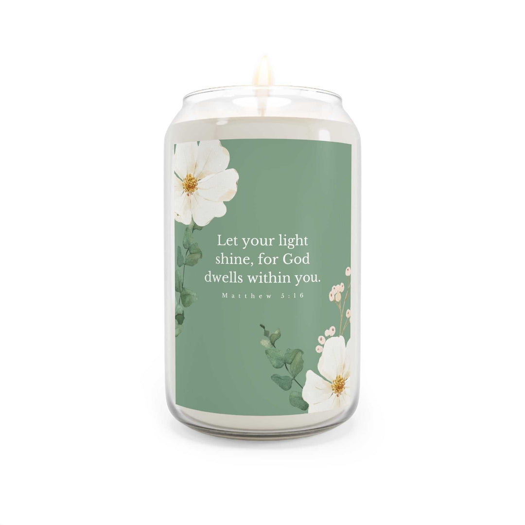 Matthew 5:16 scented soy wax candle with inspirational quote