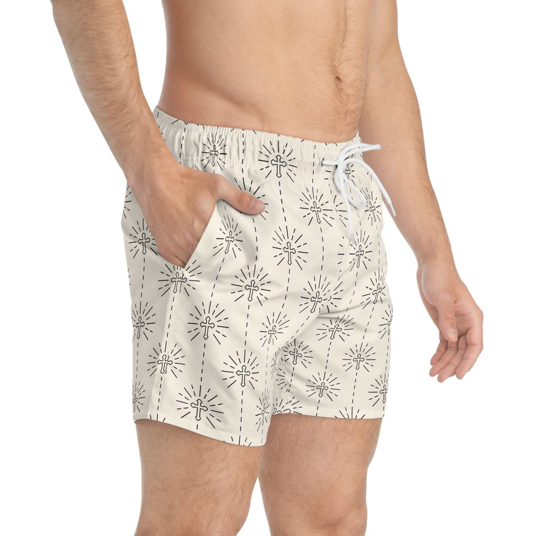 Men's Christian swim trunks with cross pattern, drawstring waist