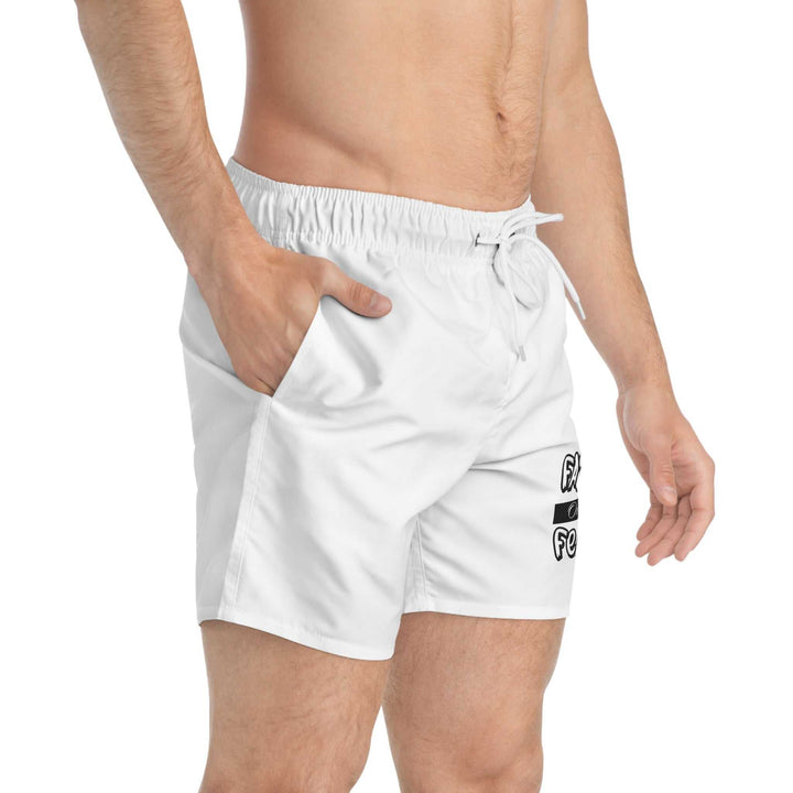 Men's Faith Over Fear swim trunks in white with side pockets