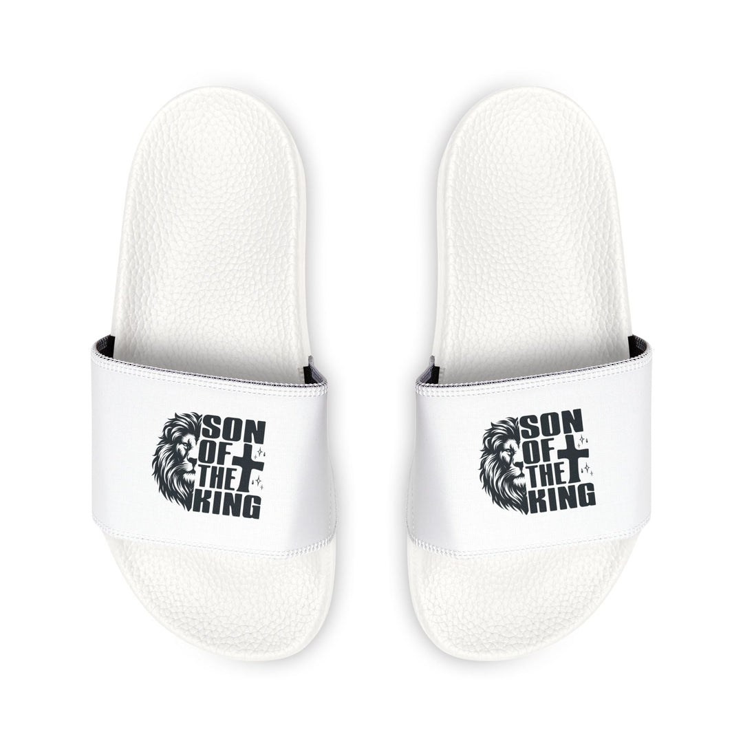 Men's Faith Sandals slide sandals with black "Son of the King" printed