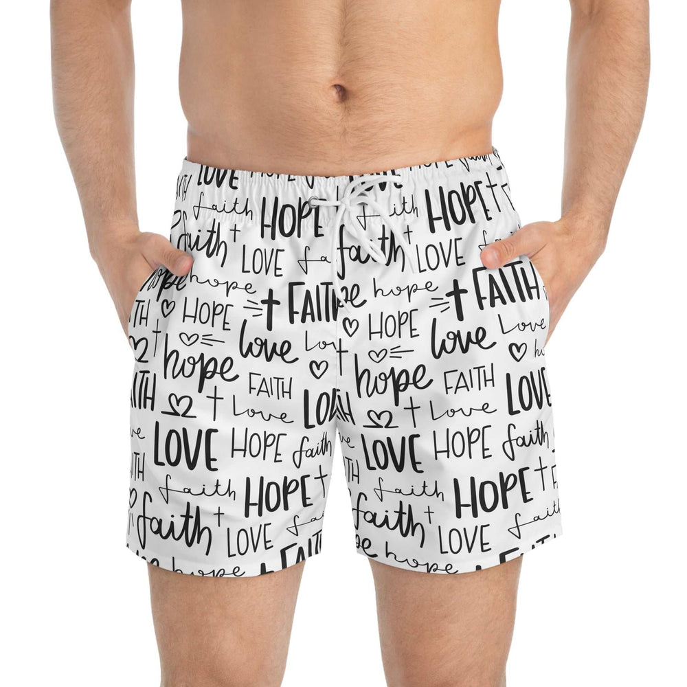 Men's Faith Swim Trunks with black faith, hope, and love text design