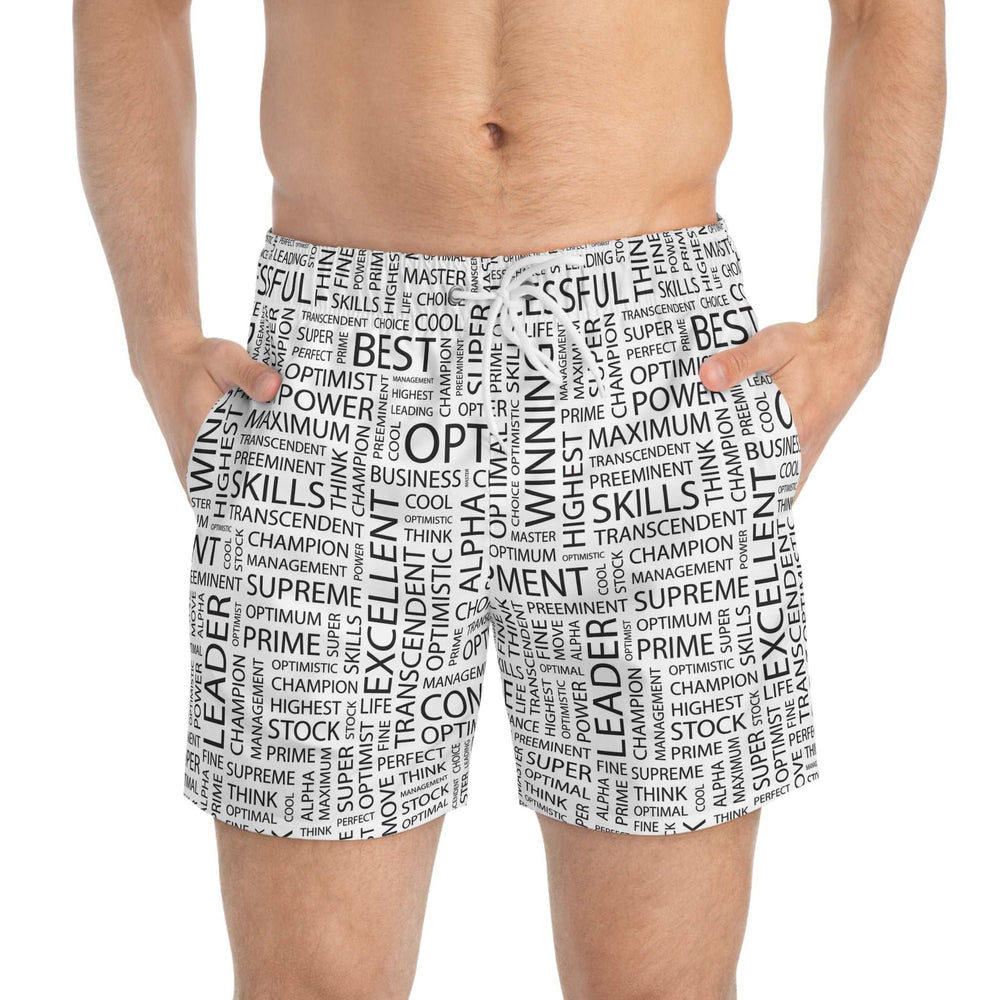 Men's Positive Words Swim Trunks with black motivational text