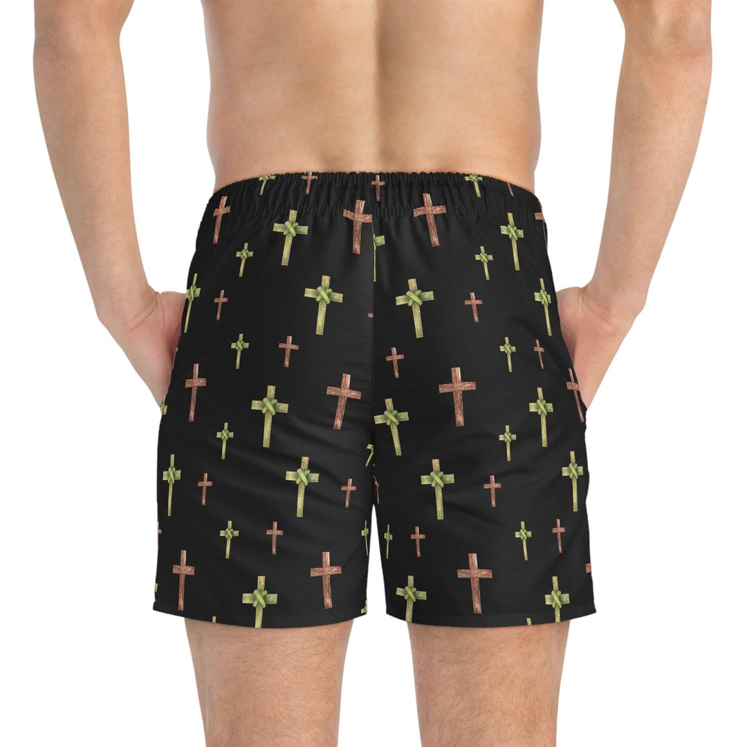 Men's Watercolor Cross Swim Trunks with black background