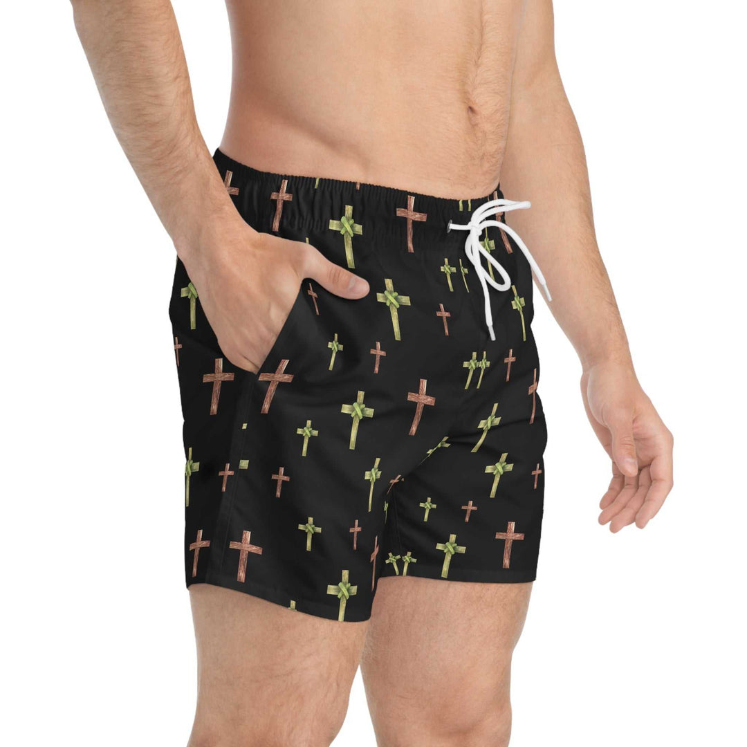 Men's Watercolor Cross Swim Trunks with drawstring waist