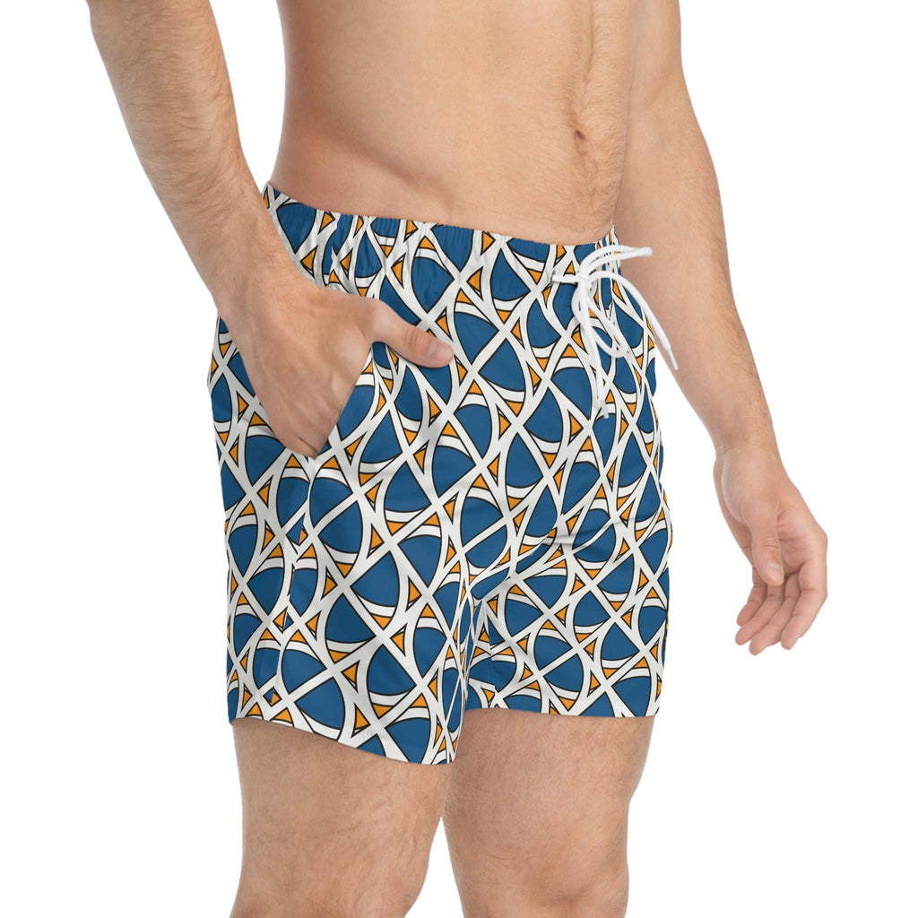 Men's ethnic swim trunks with blue, white, and orange geometric pattern