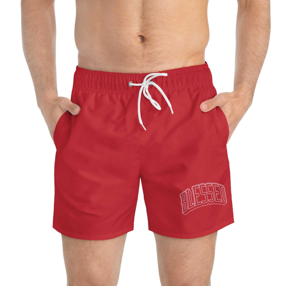 Men's red Blessed Swim Trunks with white drawstring