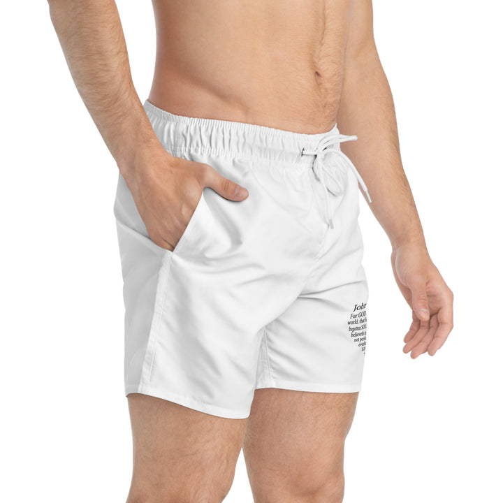 Men's white John 316 swim trunks with side pockets