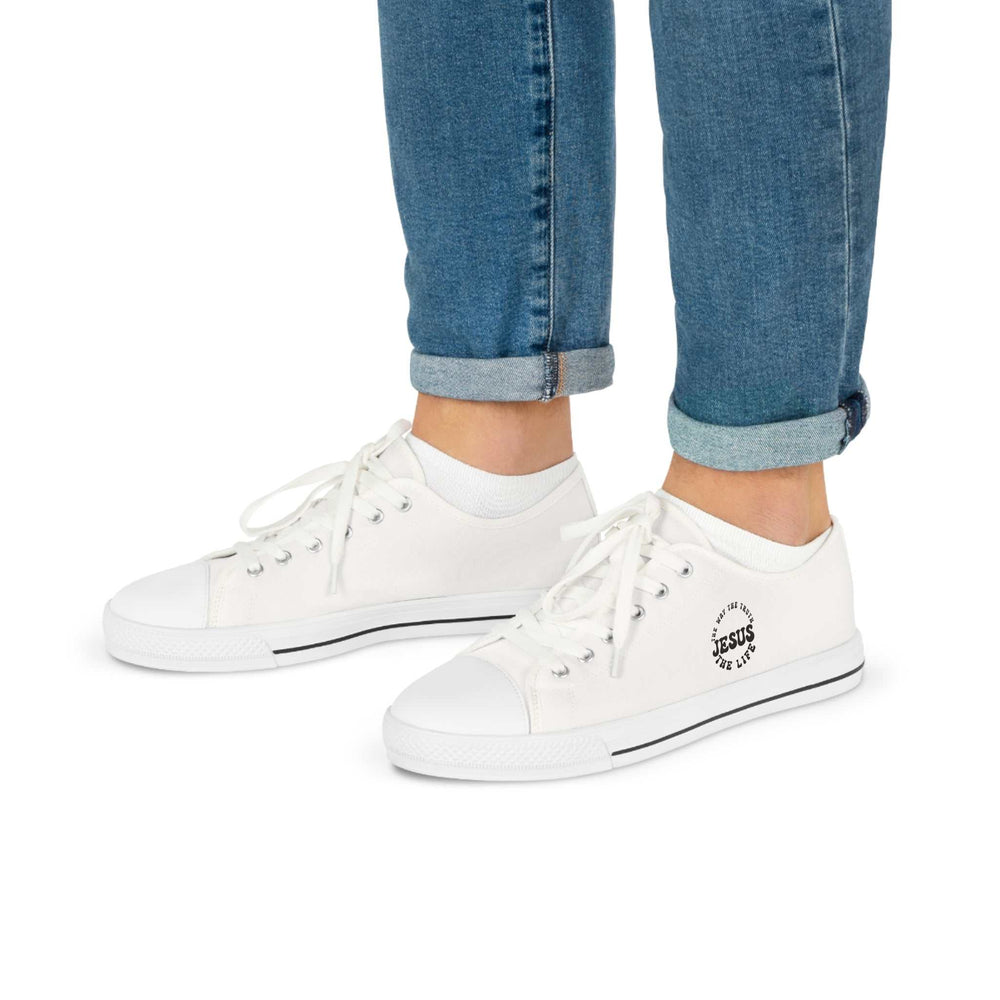 Men's white low top Jesus sneakers with breathable polyester canvas