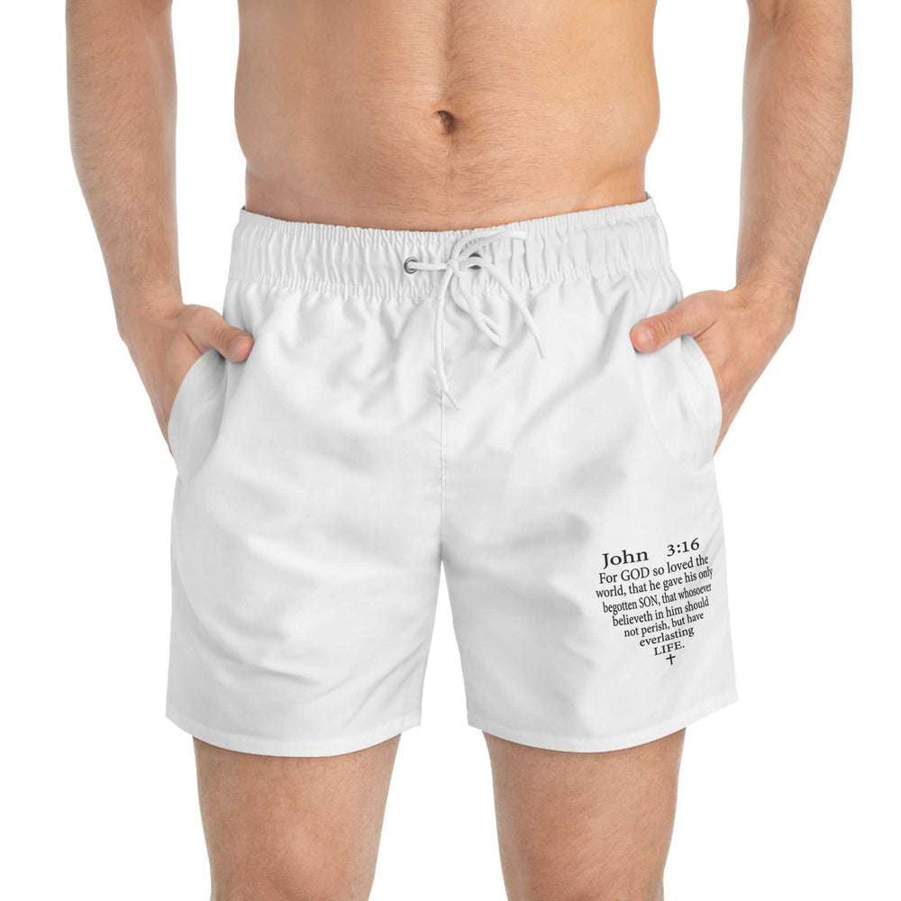 Men's white swim trunks with John 3:16 Bible verse printed on the front
