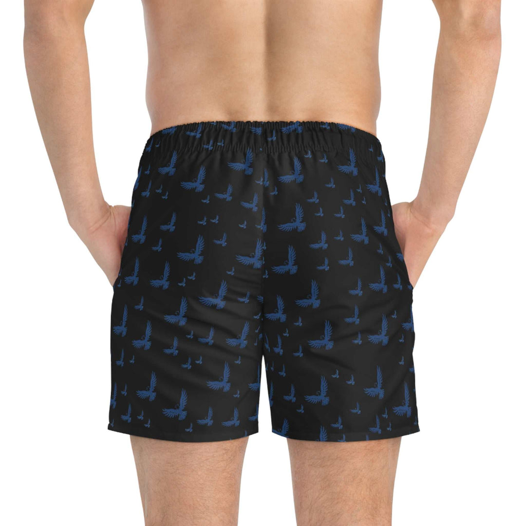 Men wearing black Flying Eagle Swim Trunks with blue eagle pattern