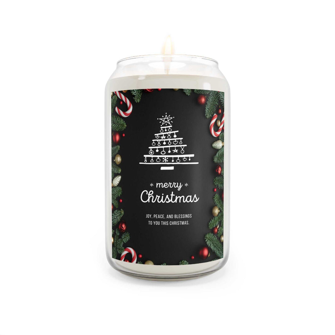 Merry Christmas Candle with festive pine and candy cane design