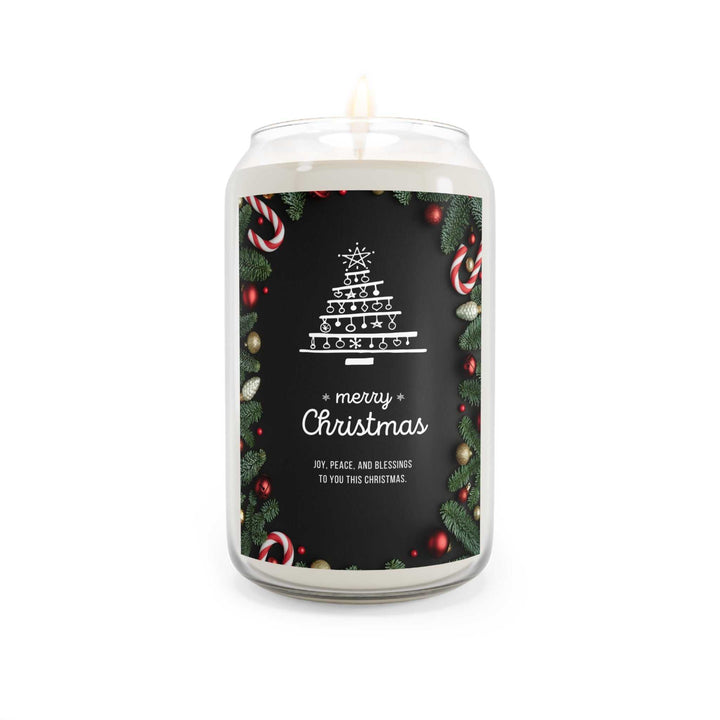 Merry Christmas Candle with festive pine and candy cane design