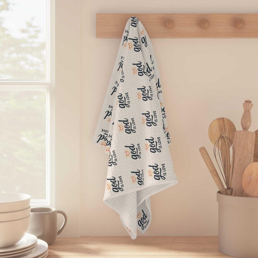 Microfiber tea towel with printed design hanging in kitchen