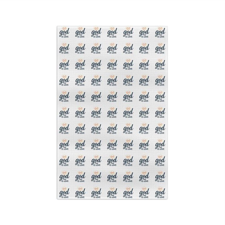 Microfiber tea towel with repeated "God is Love" text pattern