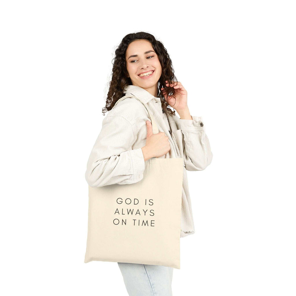 Natural canvas Divine Timing Tote Bag with "God is Always on Time" text