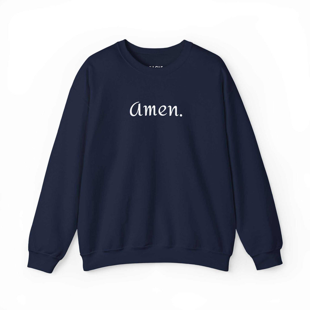 Navy blue Amen sweatshirt with white text, classic fit cotton-polyester blend for comfort and style