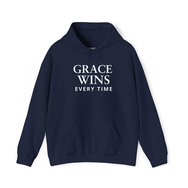Navy blue hoodie with "Grace Wins Every Time" text, classic fit, cotton-polyester blend, tear-away label.