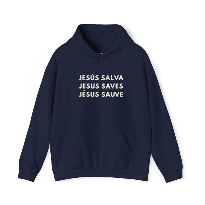 Navy blue Jesus Saves hoodie with faith-inspired text and classic fit for everyday comfort