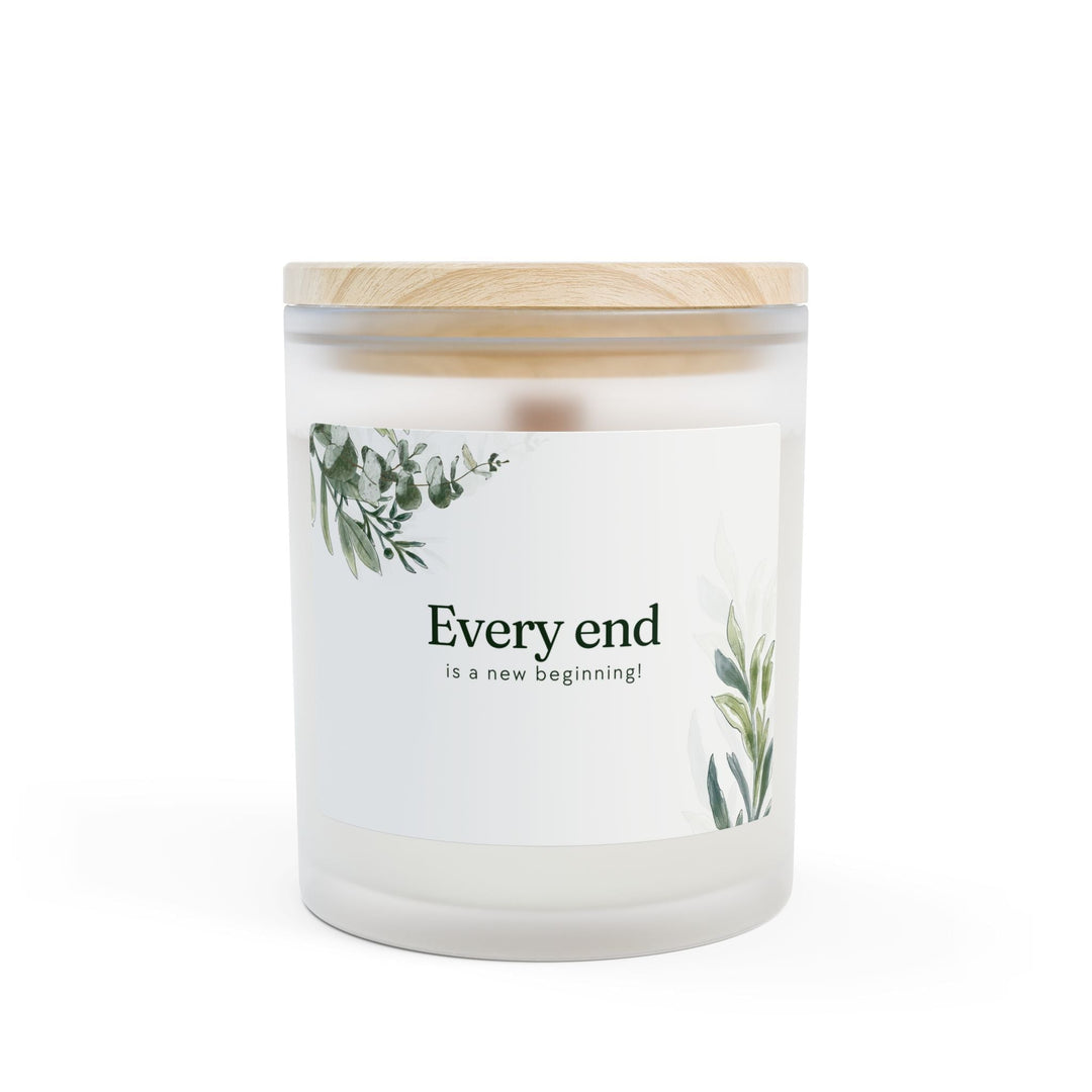 New Beginnings Glass Candle in frosted glass with wooden lid, natural off-white coconut soy wax, wooden wick, calming aroma, 50-hour burn time