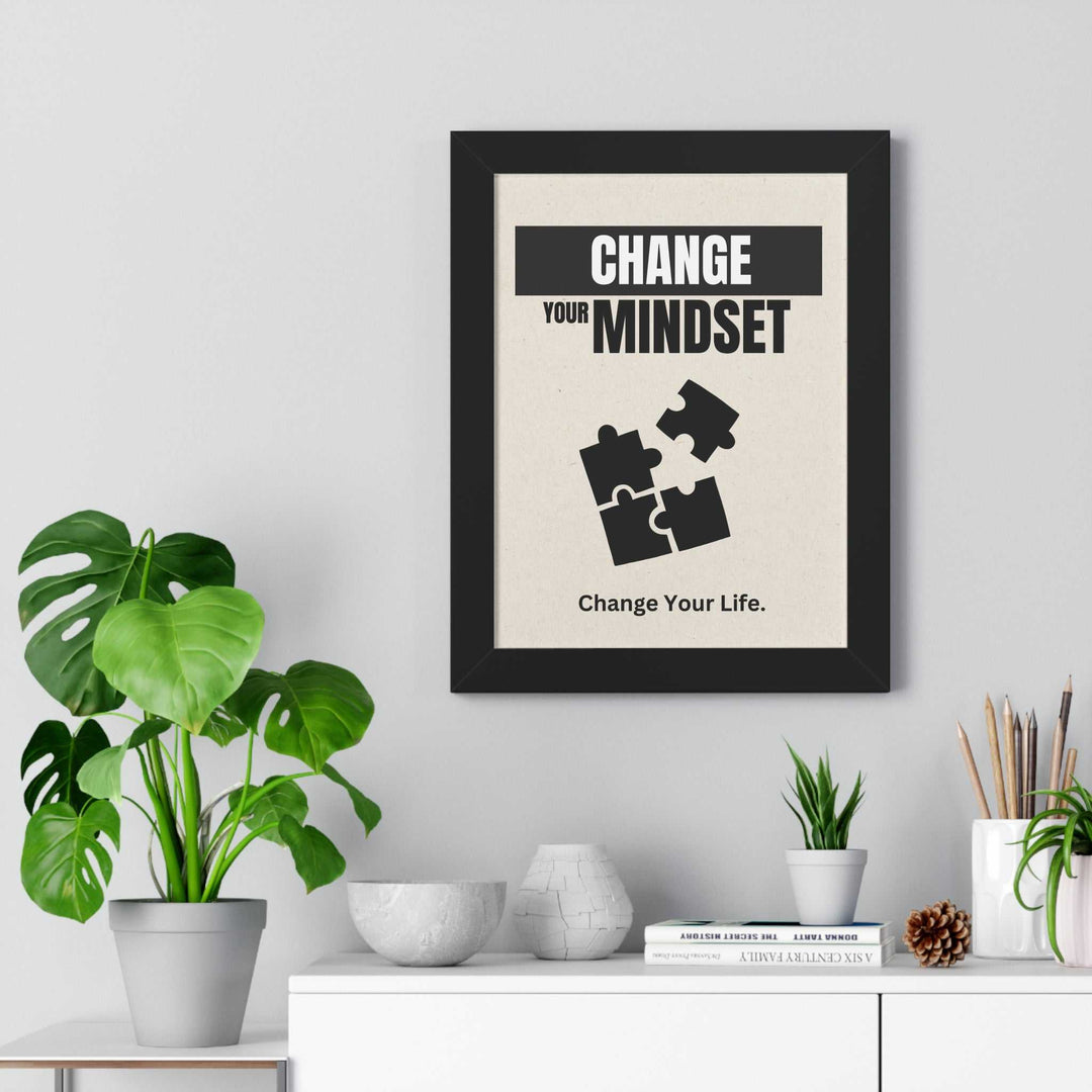 Framed motivational poster with "Change Your Mindset" text and puzzle pieces in black Ayous wood frame