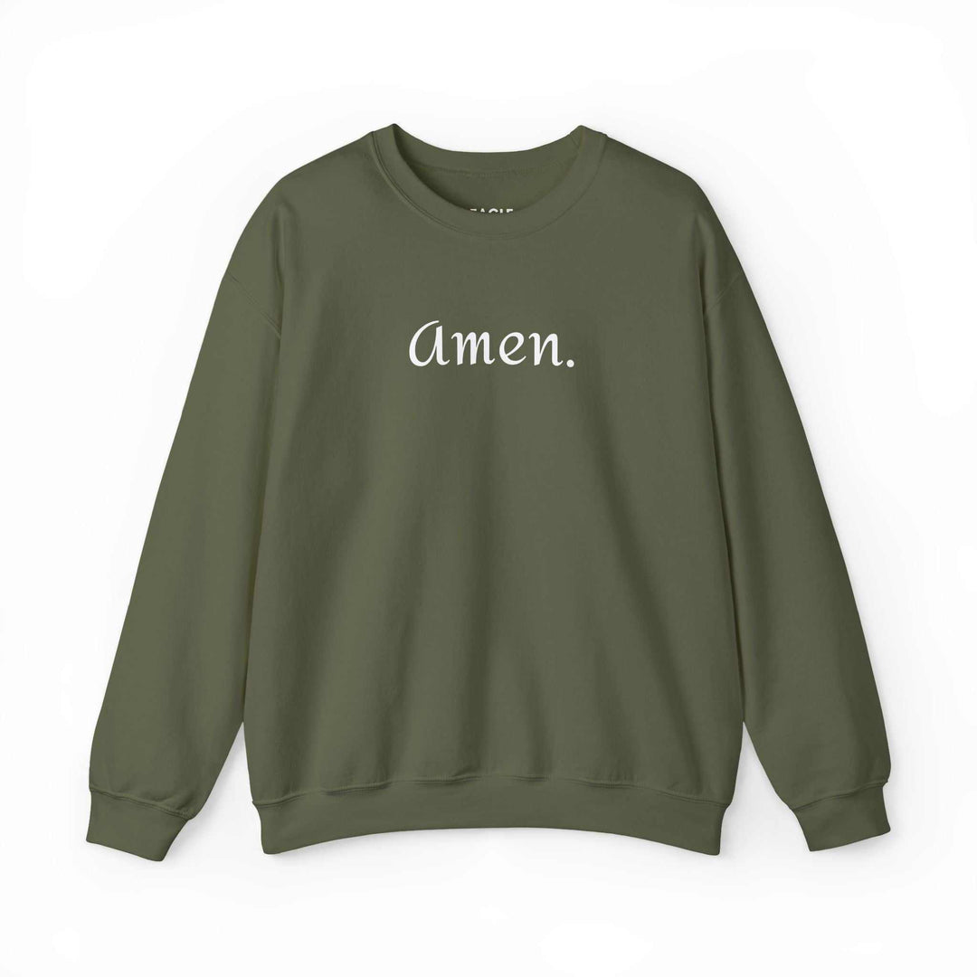 Olive green Amen sweatshirt with classic fit and faith-inspired text.