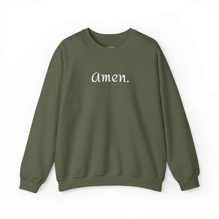 Olive green Amen sweatshirt with classic fit and faith-inspired text.