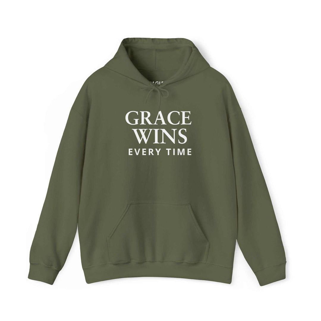 Olive green Grace Wins Hoodie with front pocket and white inspirational text "GRACE WINS EVERY TIME" in classic fit design