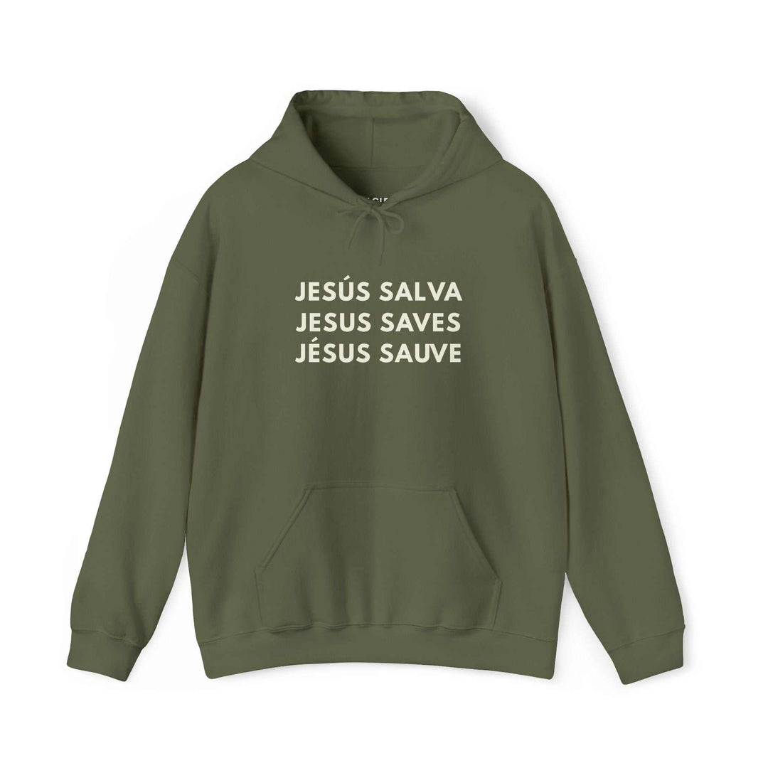 Olive green hoodie with "Jesus Saves" printed in three languages on the front, soft and comfortable blend fabric.