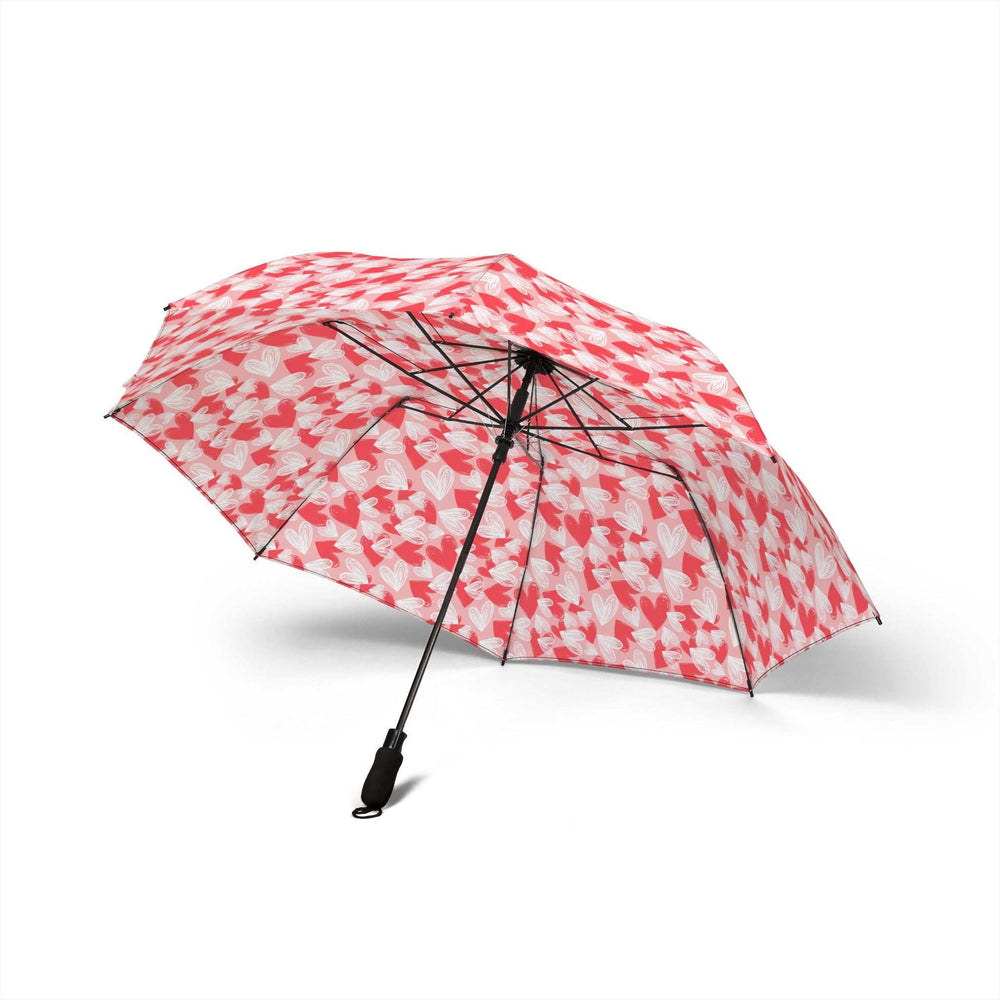 Open red hearts umbrella with waterproof polyester pongee fabric