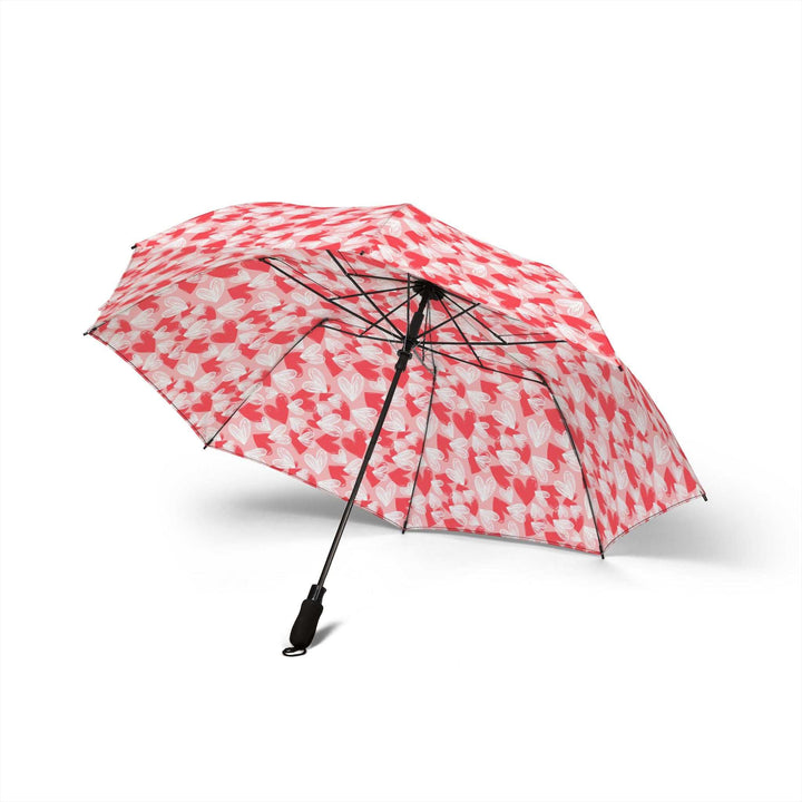 Open red hearts umbrella with waterproof polyester pongee fabric