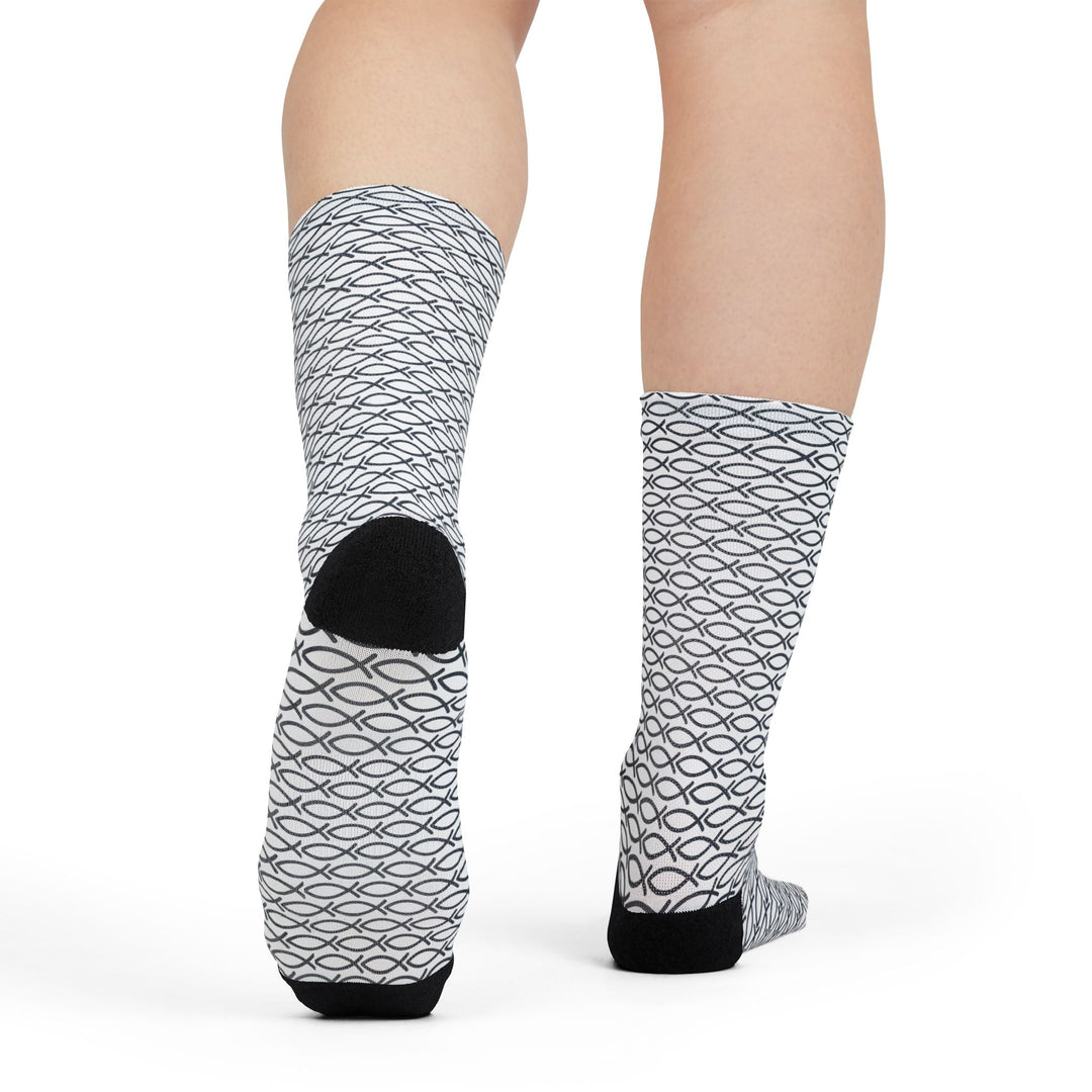 Pair of Jesus Christian Fish Socks with black heel and toe accents